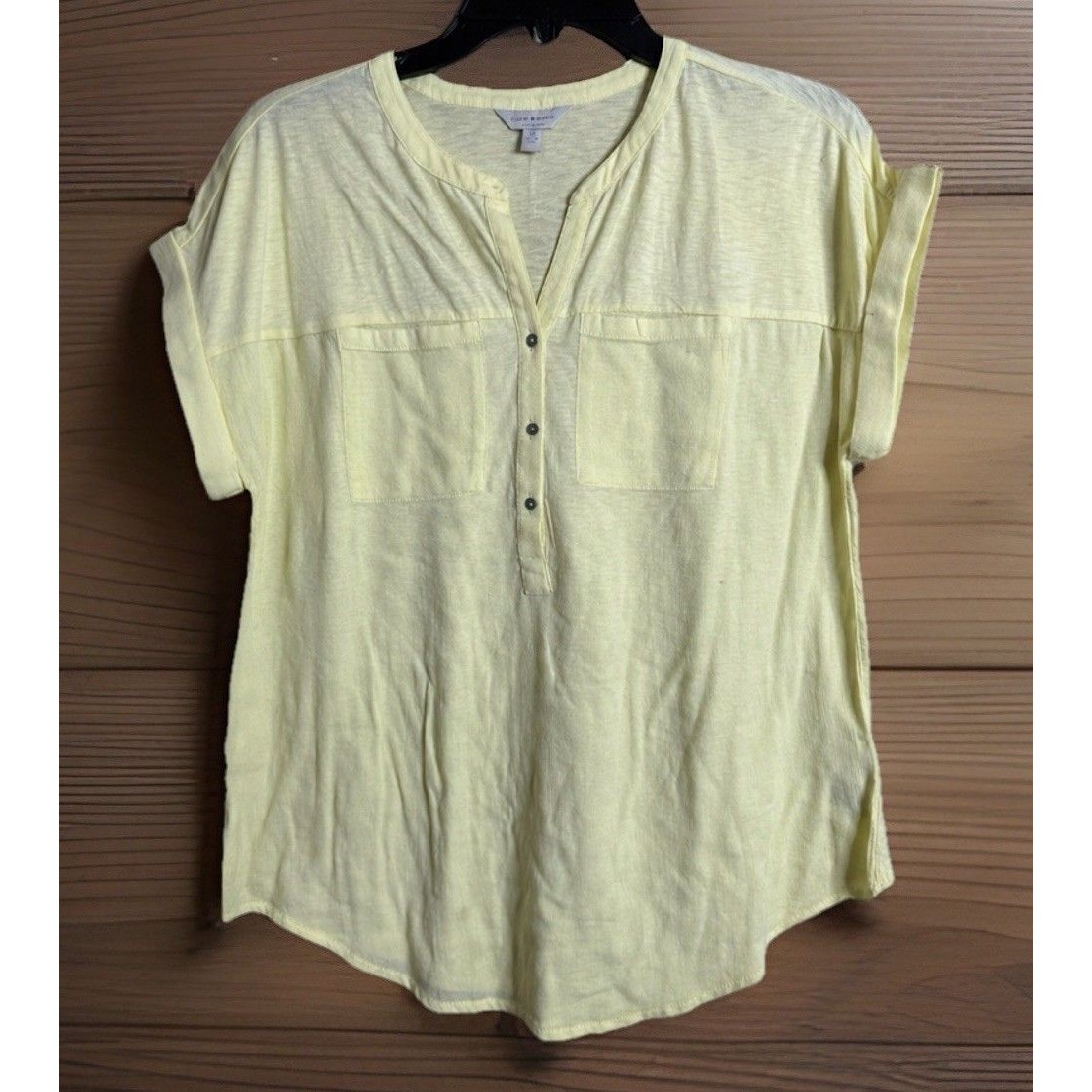 Lucky Brand Blouse Womens Small Yellow Short Sleeve Half Button Peasant Top